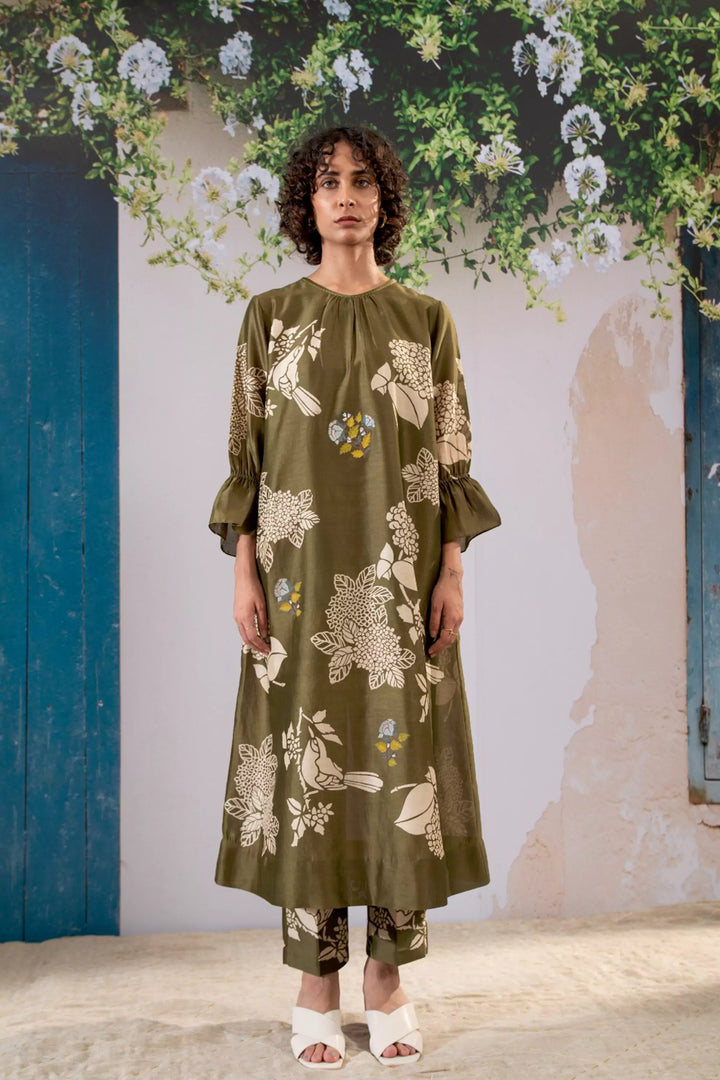 Discharge Print Olive Kurta Set