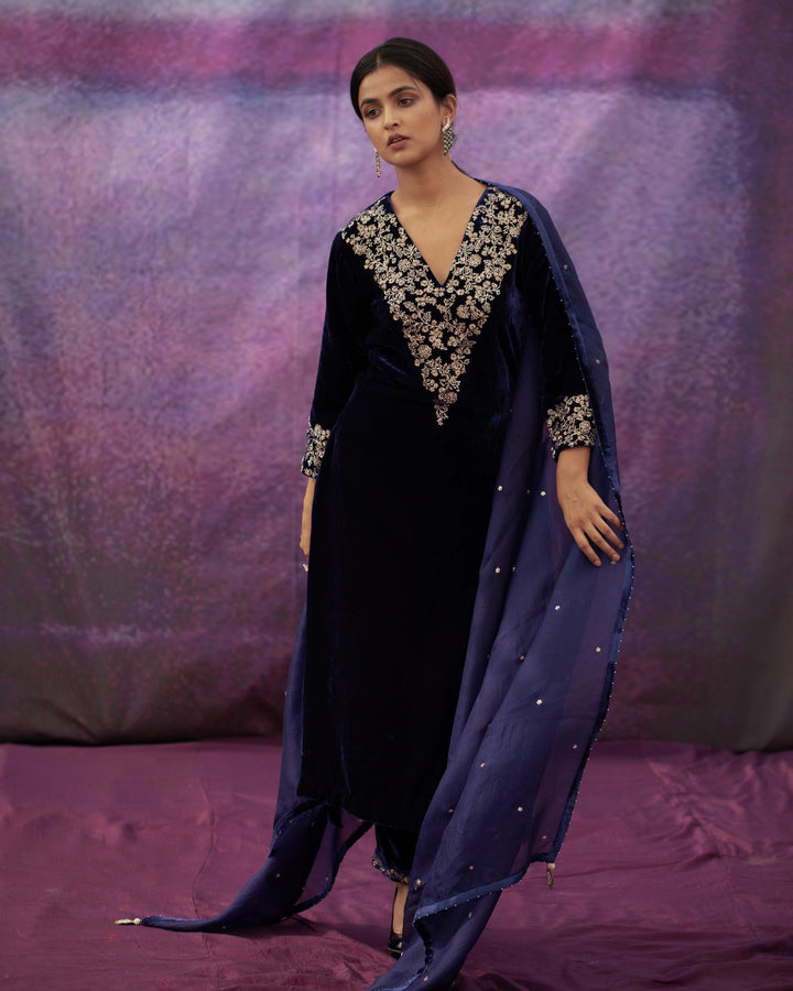 navy blue hand embroidered a-line kurta set
