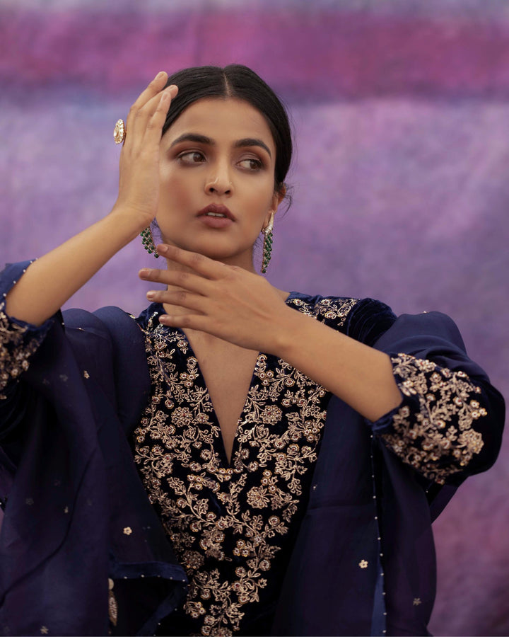navy blue hand embroidered a-line kurta set