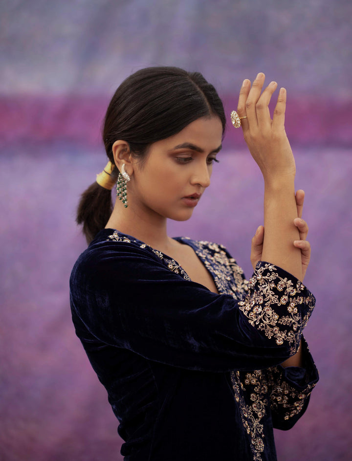 navy blue hand embroidered a-line kurta set