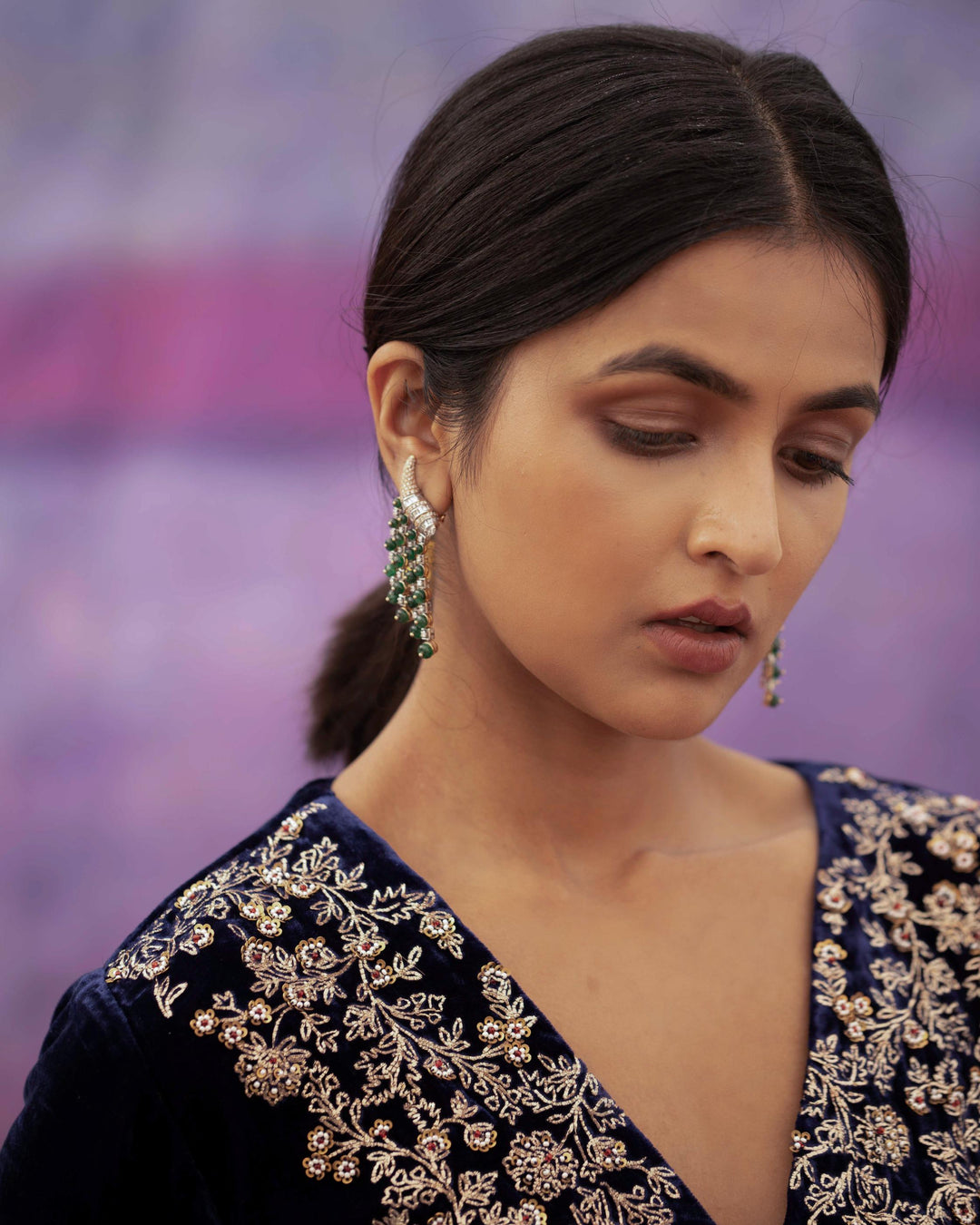 navy blue hand embroidered a-line kurta set