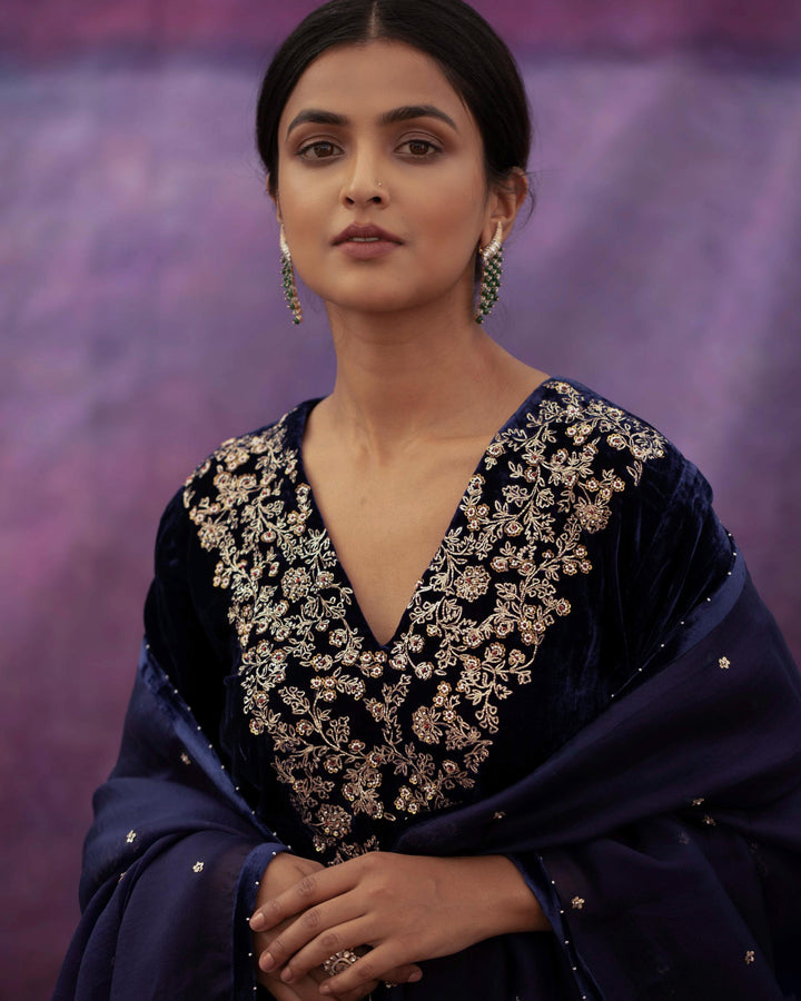 navy blue hand embroidered a-line kurta set