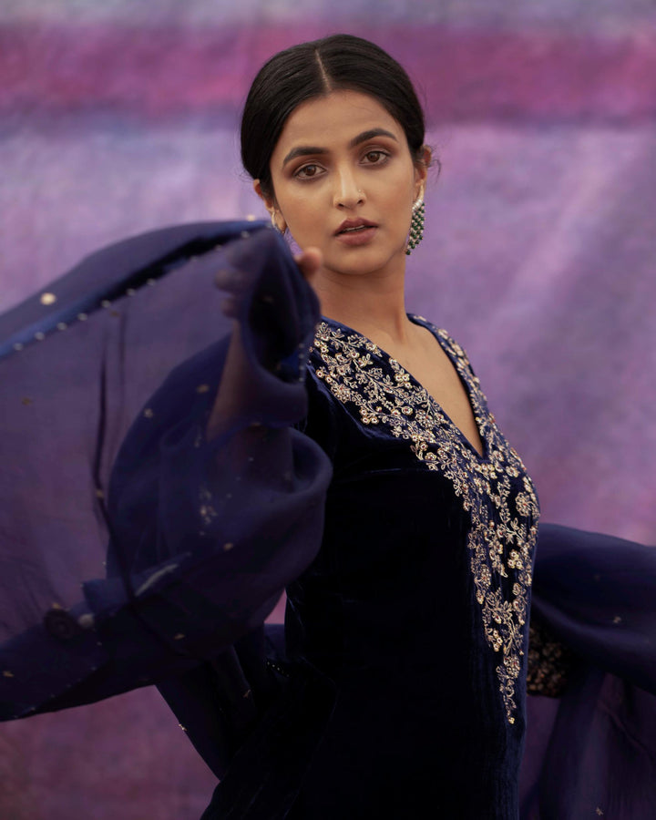 navy blue hand embroidered a-line kurta set