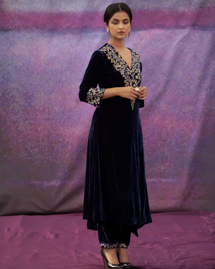 navy blue hand embroidered a-line kurta set