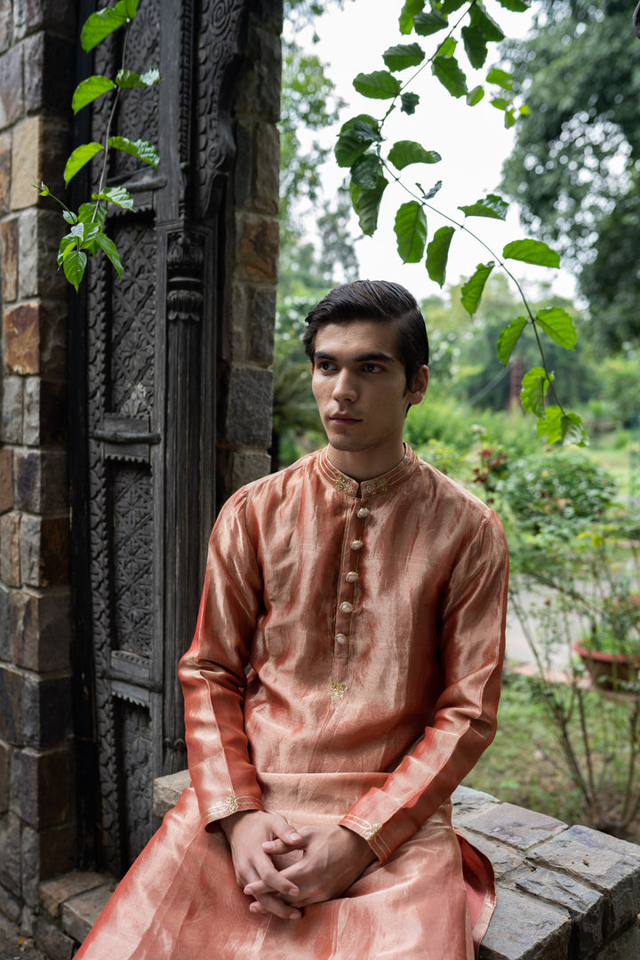 blush pink hand embroidered men's kurta