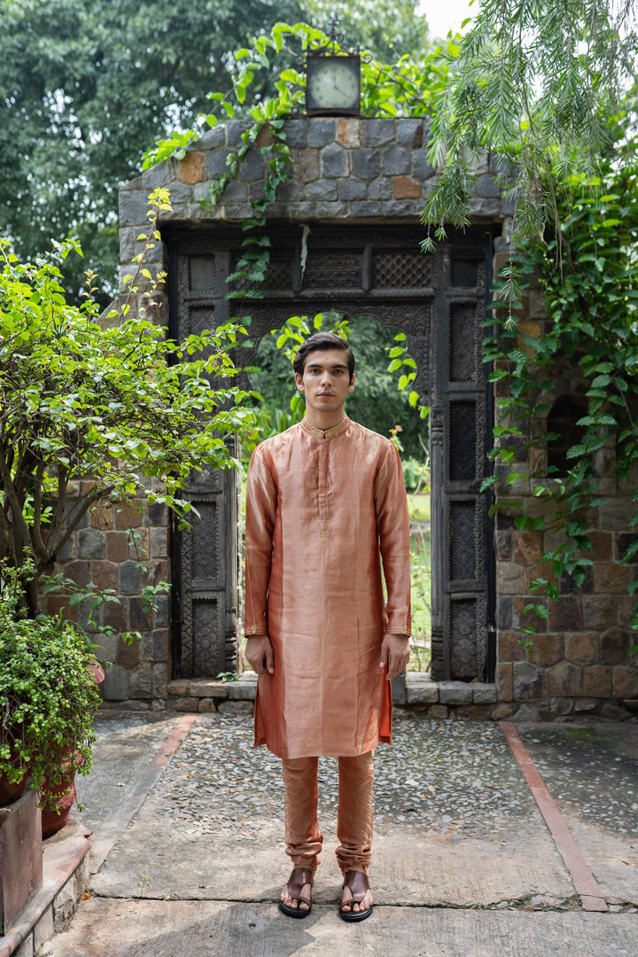 blush pink hand embroidered men's kurta