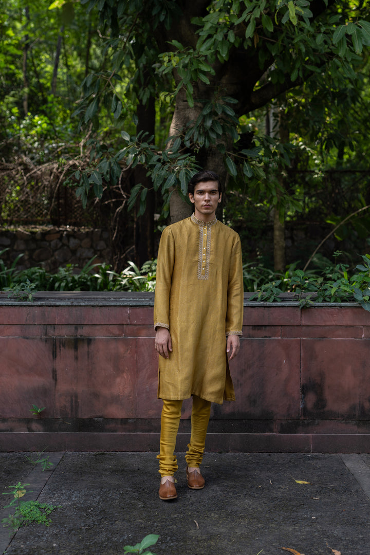 molten gold yellow hand embroidered kurta set