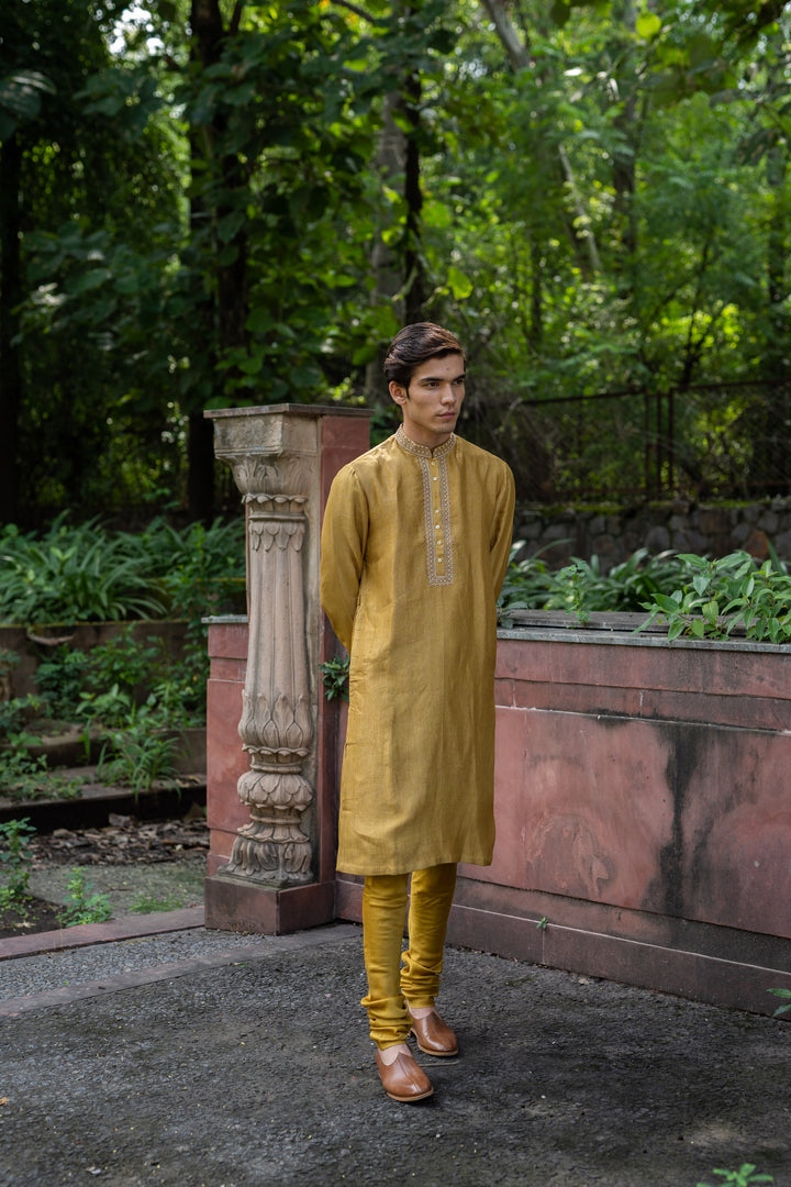 molten gold yellow hand embroidered kurta set
