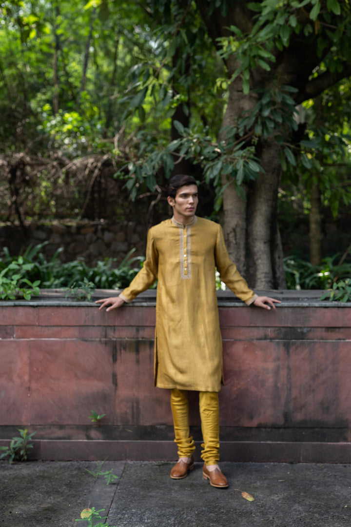 molten gold yellow hand embroidered kurta set
