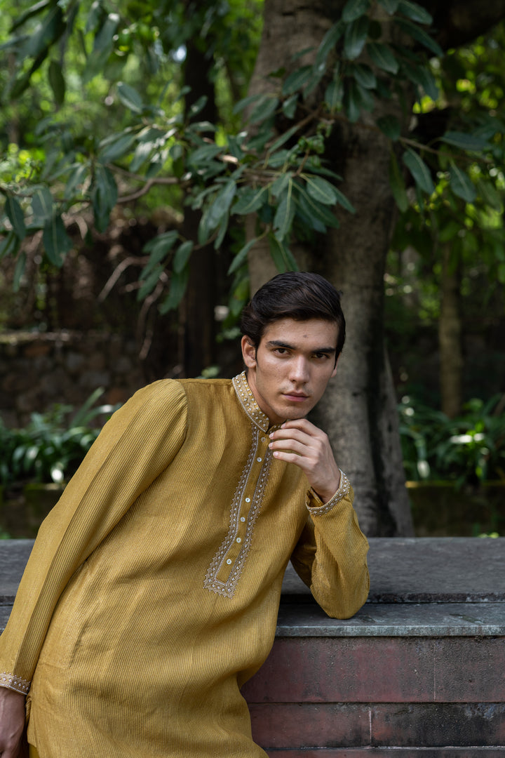 molten gold yellow hand embroidered kurta set