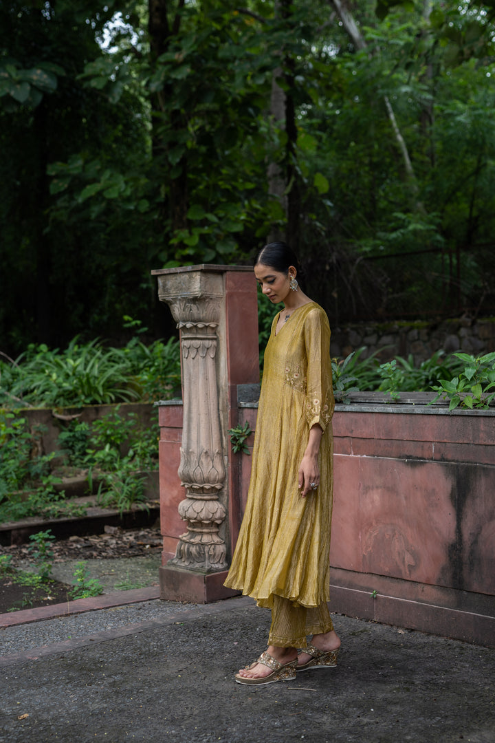 molten gold yellow tissue silk a-line kurta set