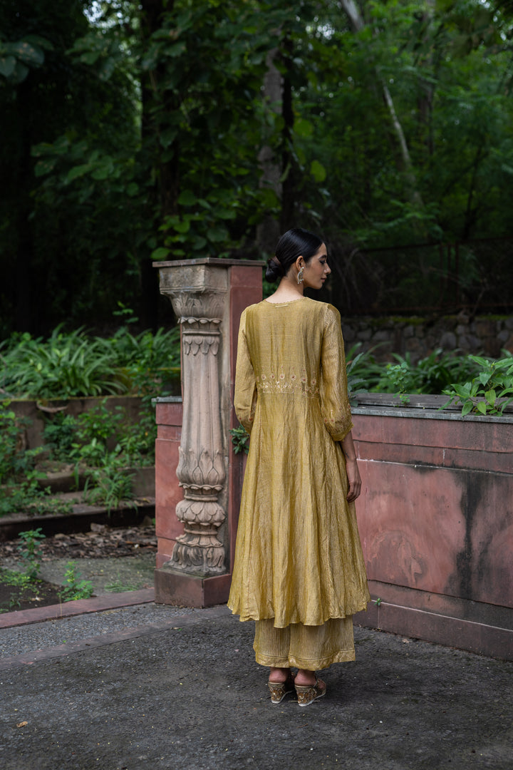 molten gold yellow tissue silk a-line kurta set