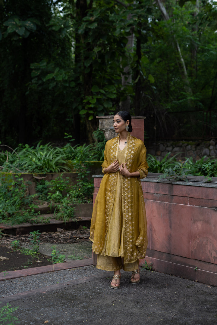 molten gold yellow tissue silk a-line kurta set