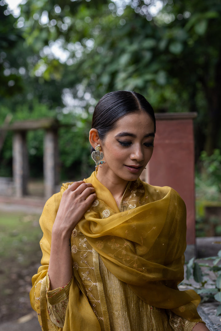 molten gold yellow tissue silk a-line kurta set