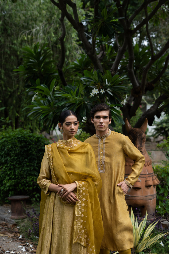 molten gold yellow tissue silk a-line kurta set