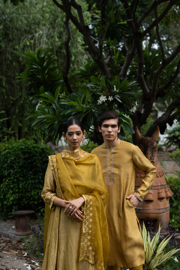 molten gold yellow hand embroidered kurta set