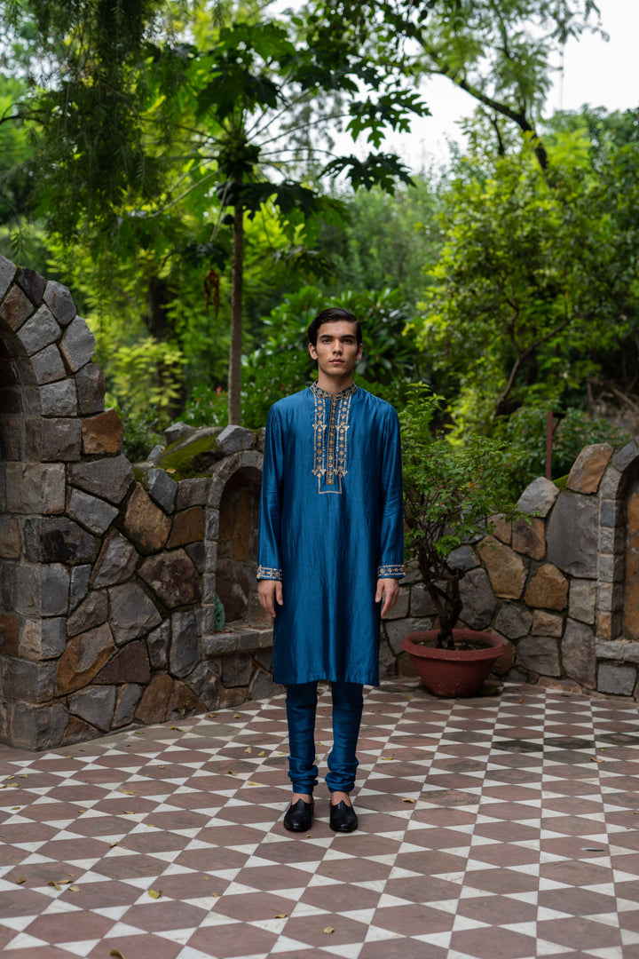 cobalt blue hand embroidered men's silk kurta with chudi pant