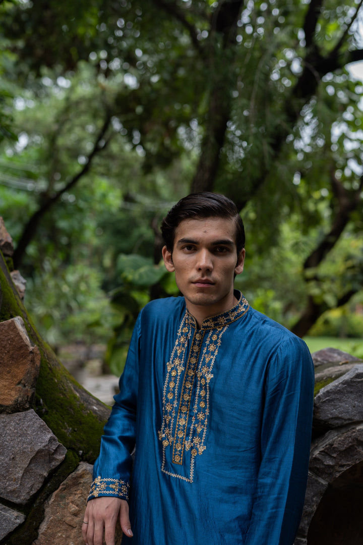 cobalt blue hand embroidered men's silk kurta with chudi pant
