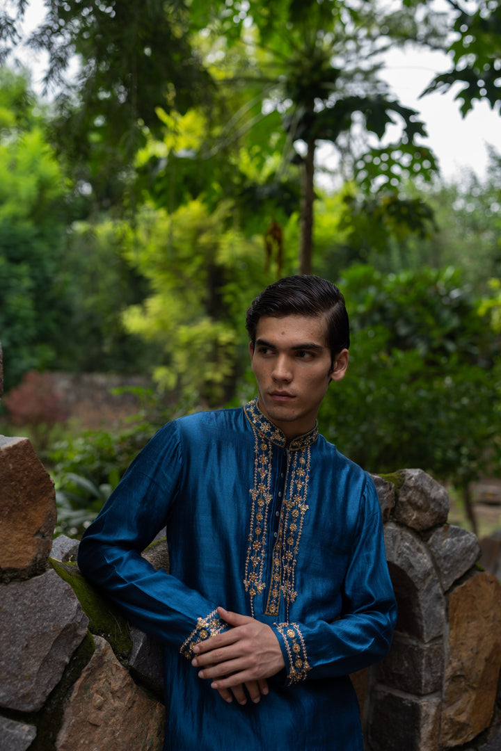 cobalt blue hand embroidered men's silk kurta with chudi pant