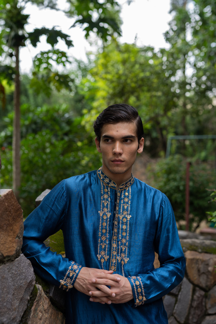 cobalt blue hand embroidered men's silk kurta with chudi pant