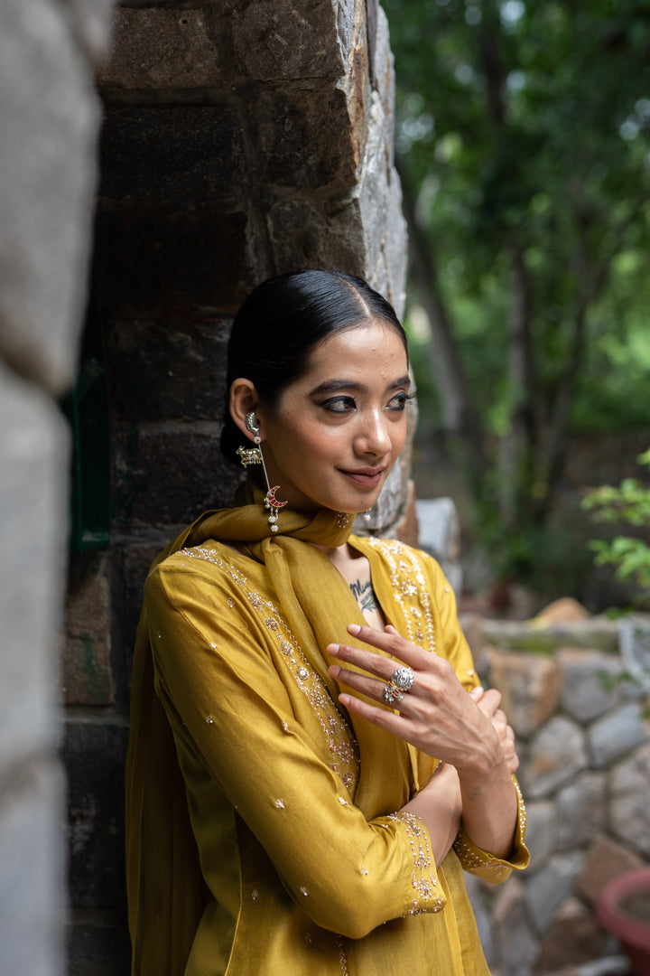 molten gold yellow hand embroidered straight kurta set
