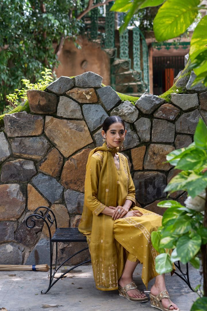 molten gold yellow hand embroidered straight kurta set
