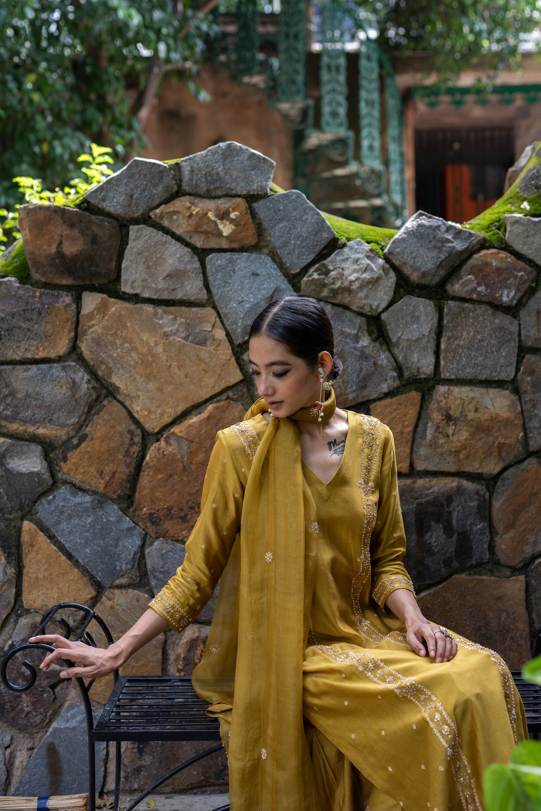 molten gold yellow hand embroidered straight kurta set