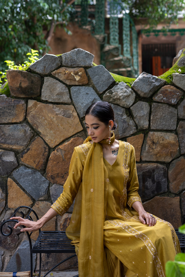 molten gold yellow hand embroidered straight kurta set