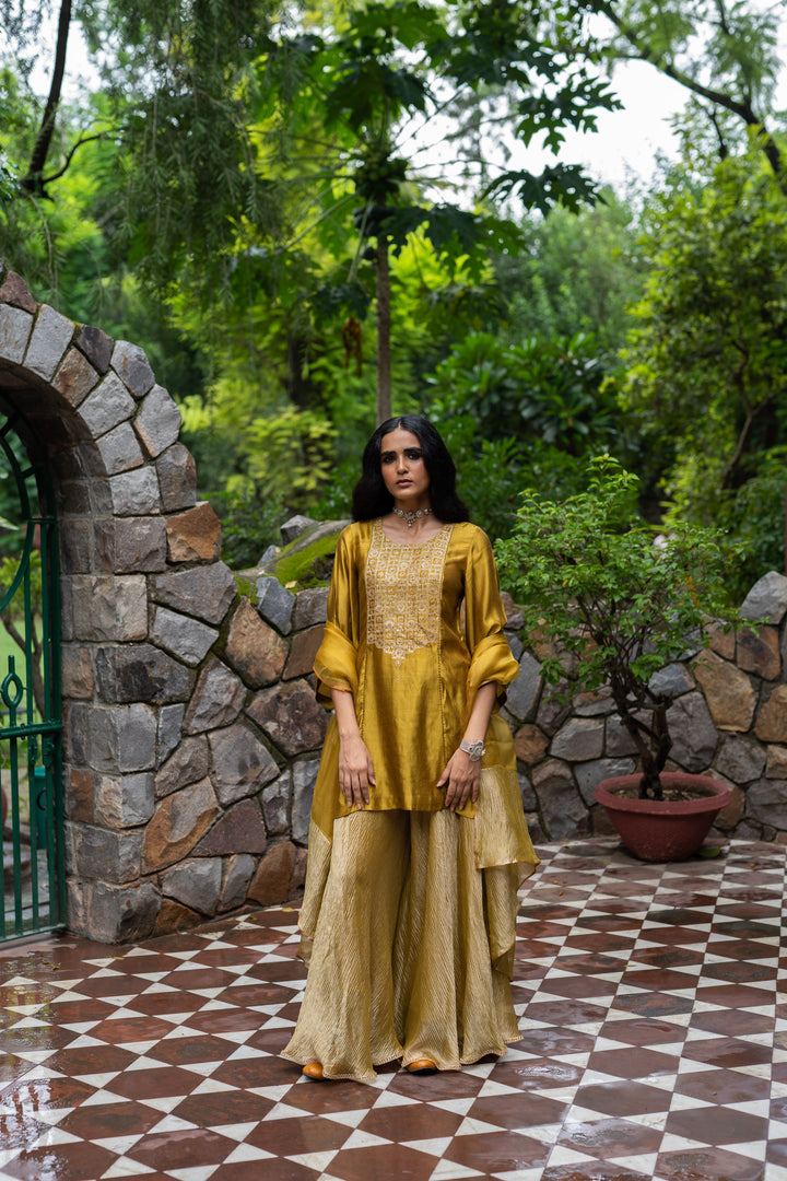 molten gold yellow short kurta set