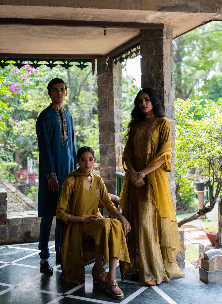 molten gold yellow short kurta set