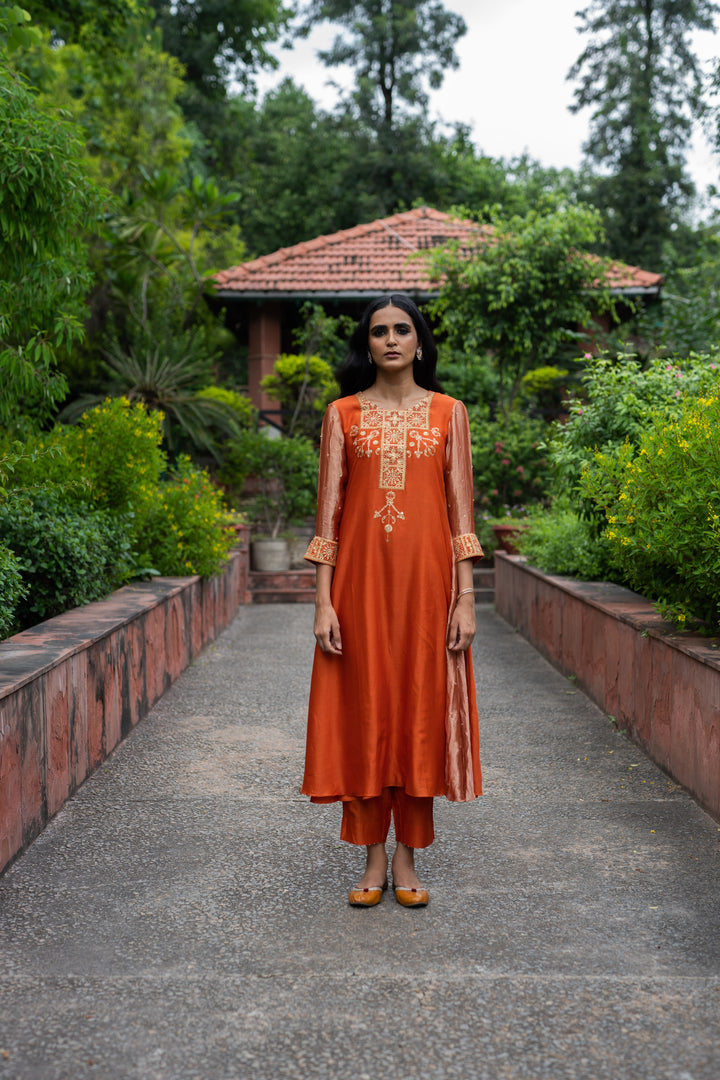 rust orange hand embroidered a-line kurta set