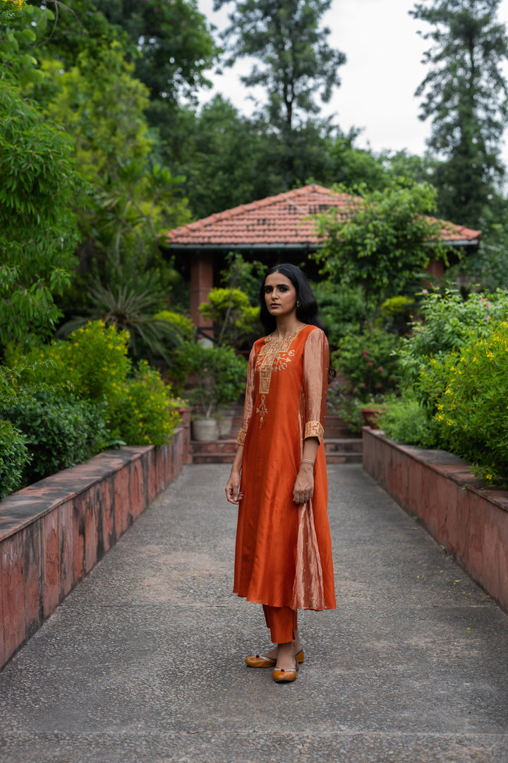 rust orange hand embroidered a-line kurta set