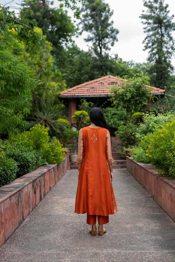 rust orange hand embroidered a-line kurta set