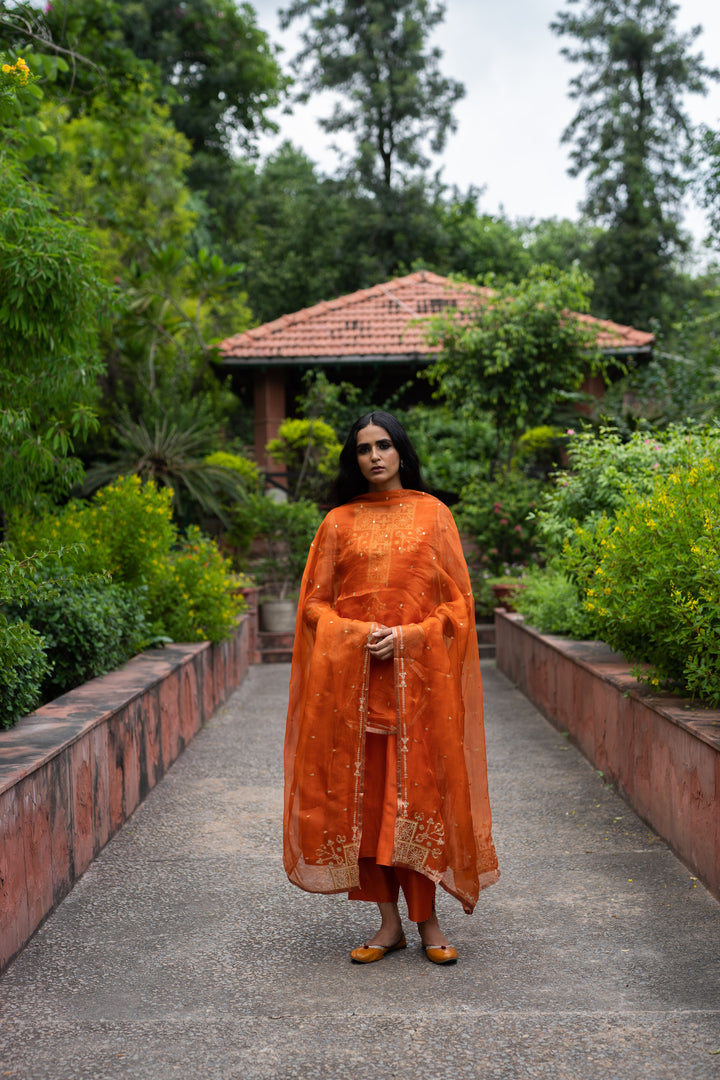 rust orange hand embroidered a-line kurta set