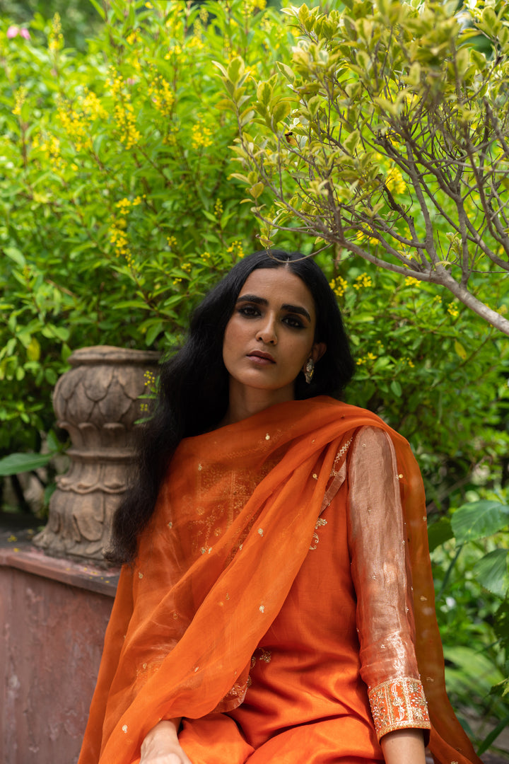 rust orange hand embroidered a-line kurta set