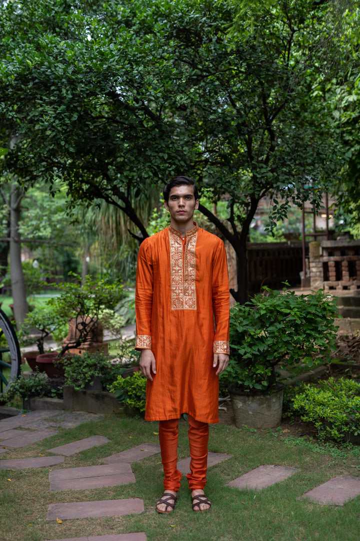 rust orange hand embroidered kurta set