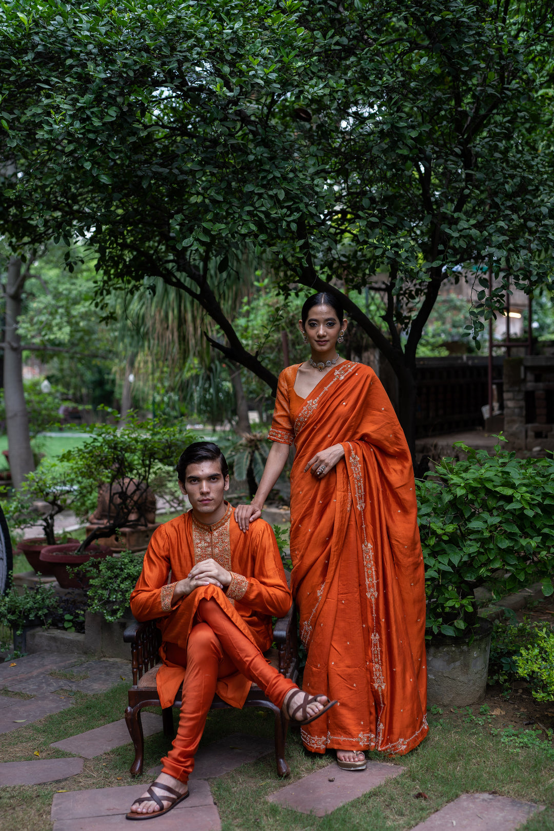 rust orange hand embroidered kurta set