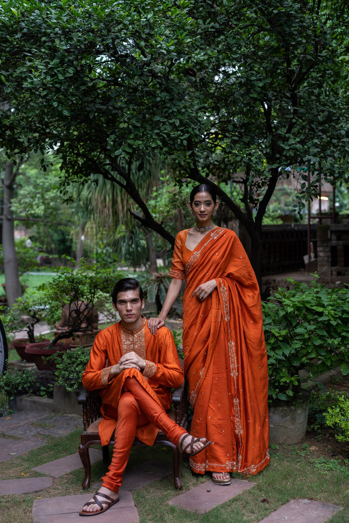 rust orange hand embroidered kurta set