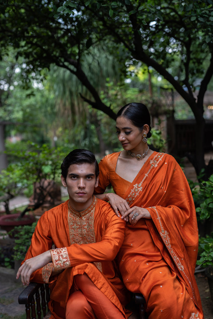 rust orange hand embroidered kurta set