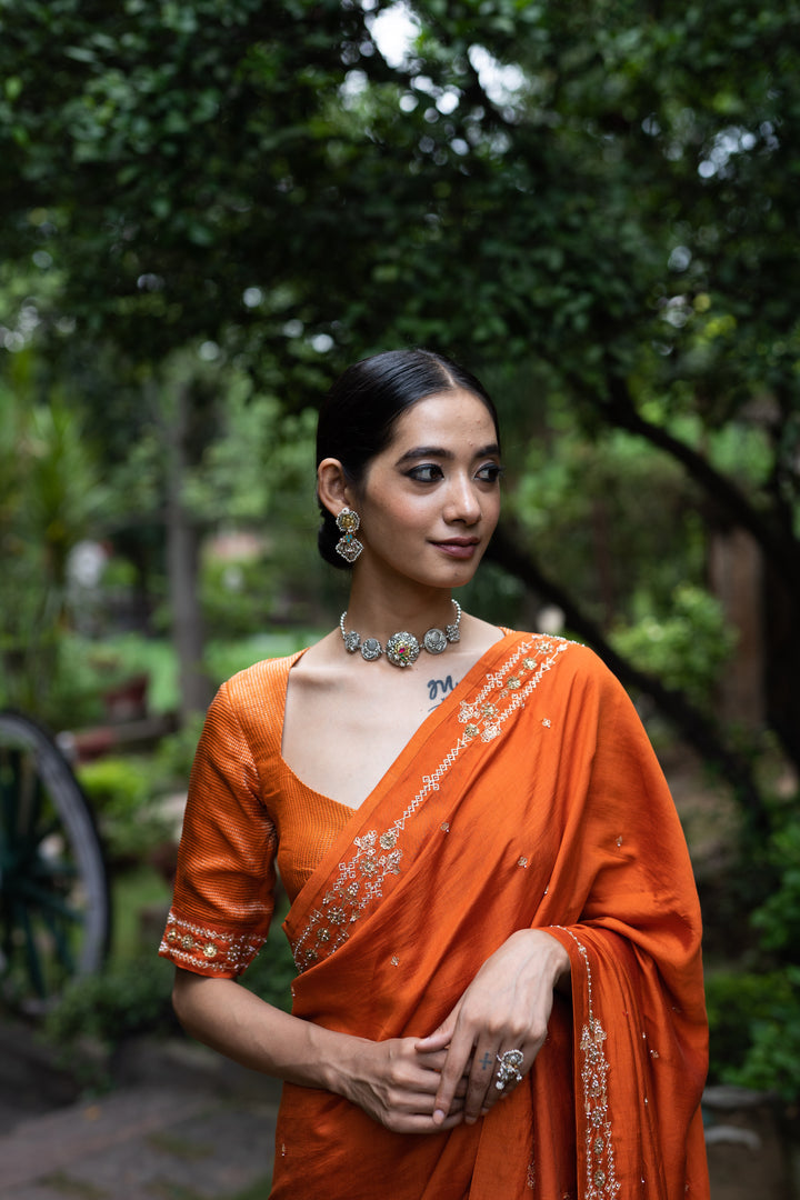 rust orange hand embroidered silk saree
