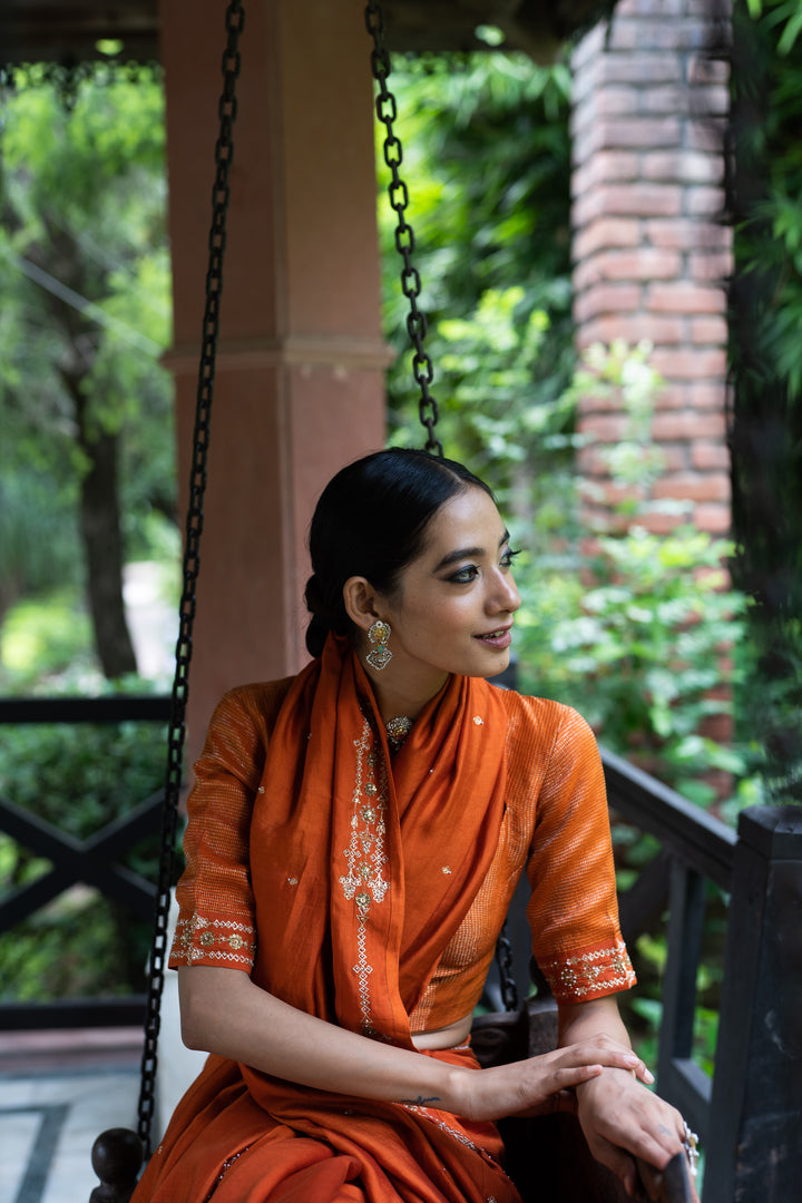 rust orange hand embroidered silk saree