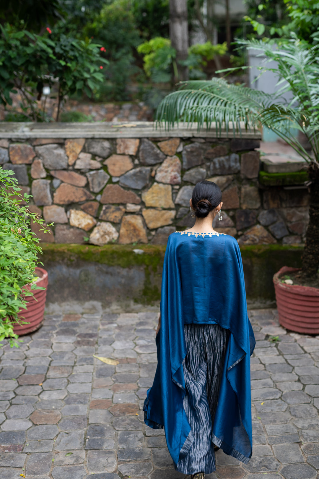 cobalt blue hand embroidered kaftan with metallic pant