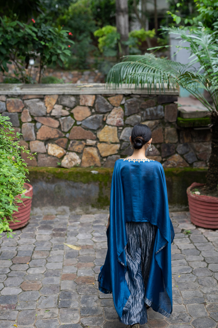 cobalt blue hand embroidered kaftan with metallic pant