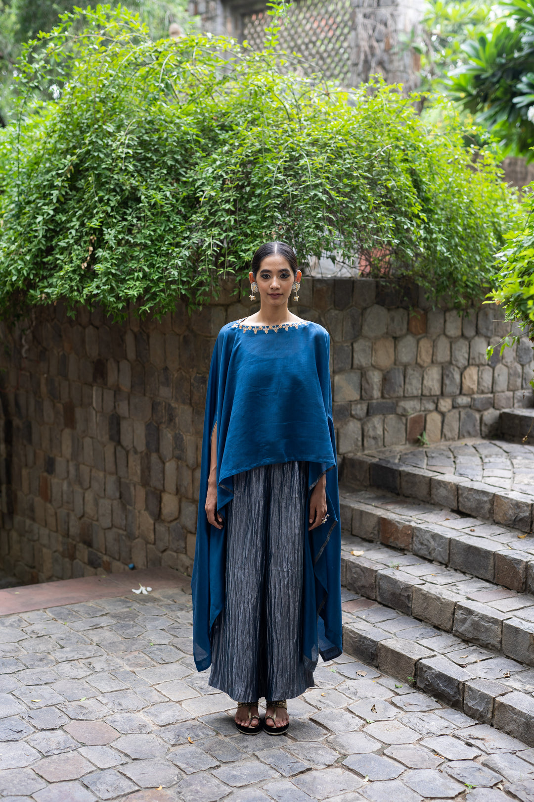 cobalt blue hand embroidered kaftan with metallic pant