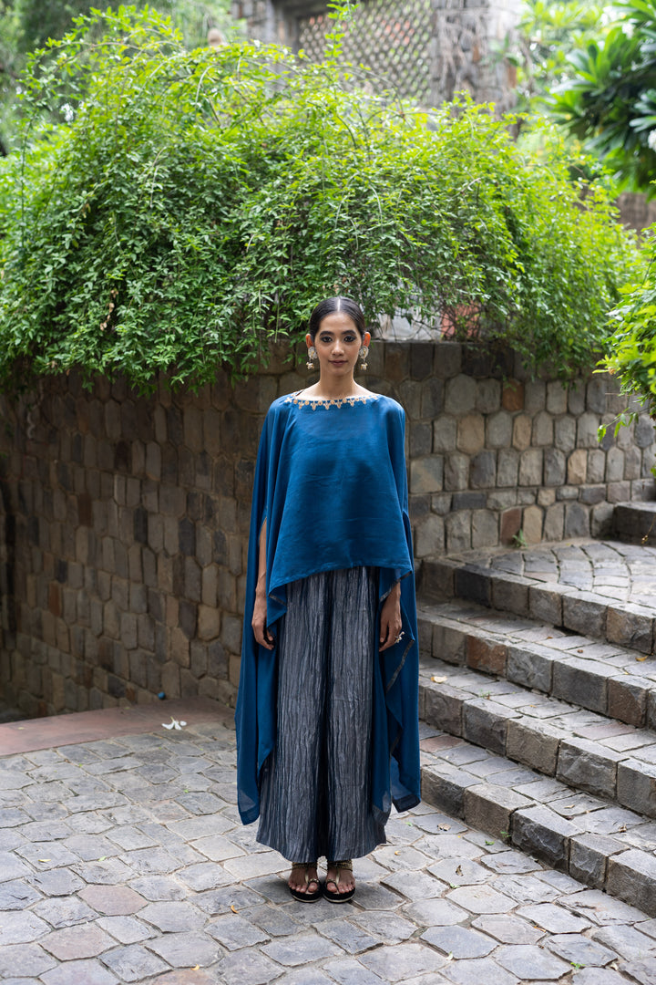 cobalt blue hand embroidered kaftan with metallic pant