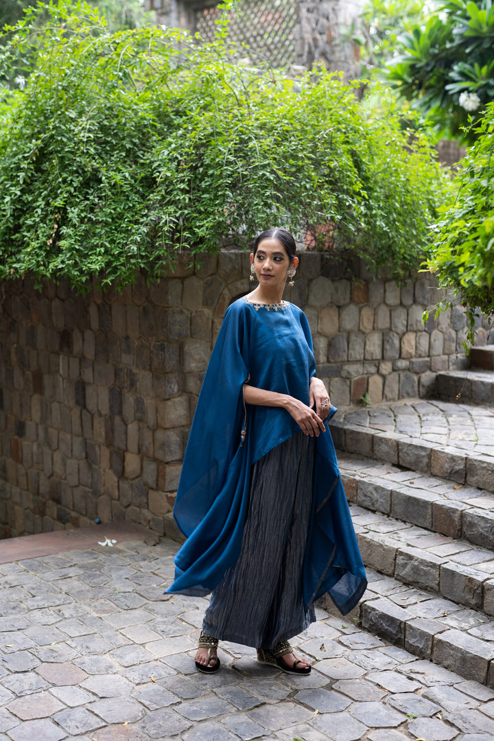 cobalt blue hand embroidered kaftan with metallic pant