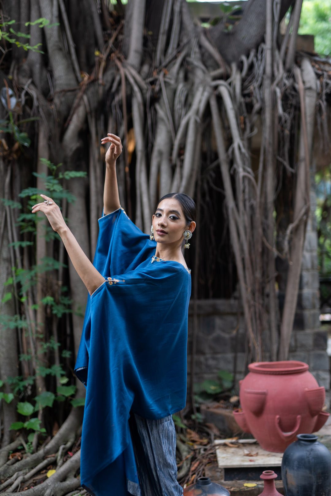 cobalt blue hand embroidered kaftan with metallic pant