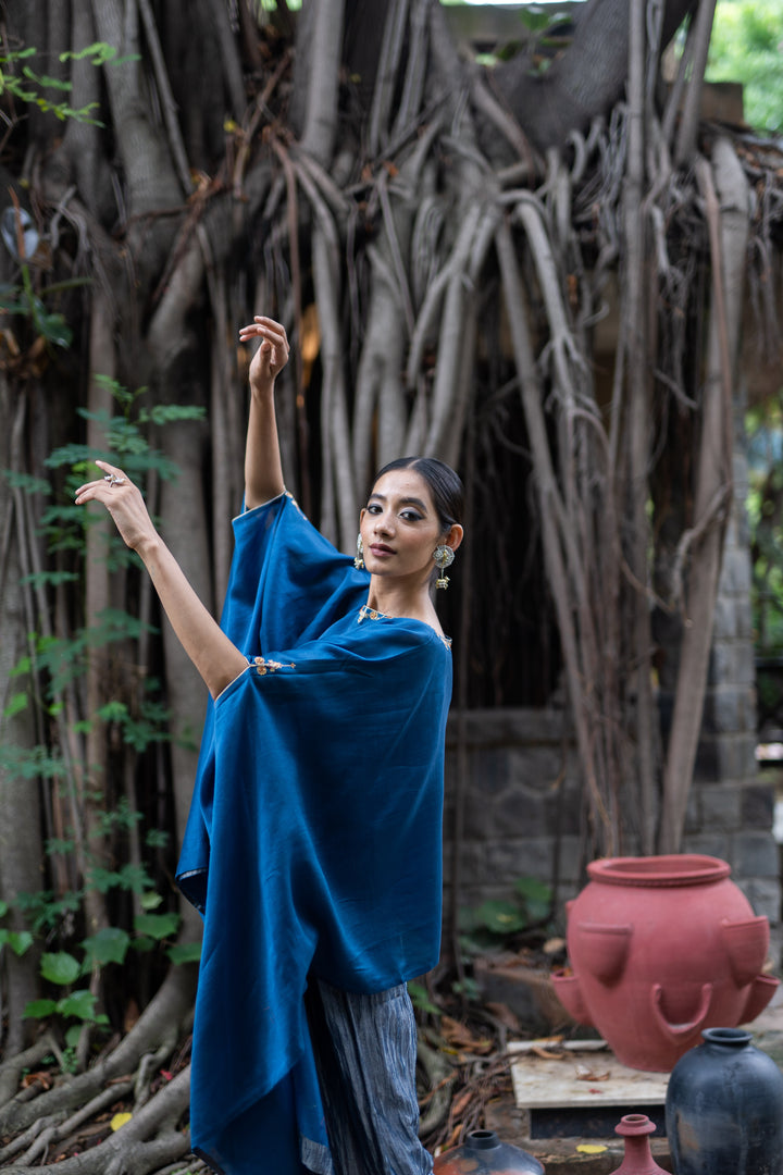 cobalt blue hand embroidered kaftan with metallic pant