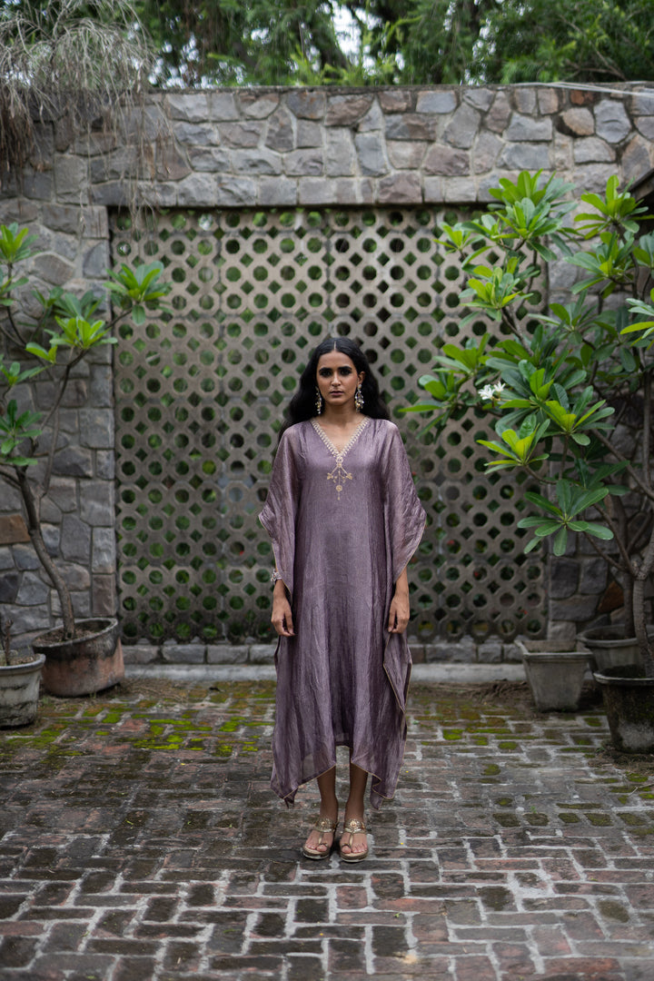 violet hand embroidered metallic kaftan