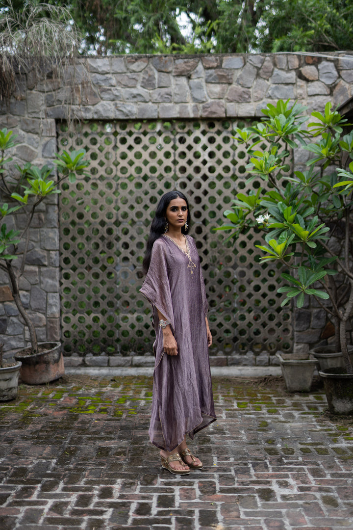 violet hand embroidered metallic kaftan